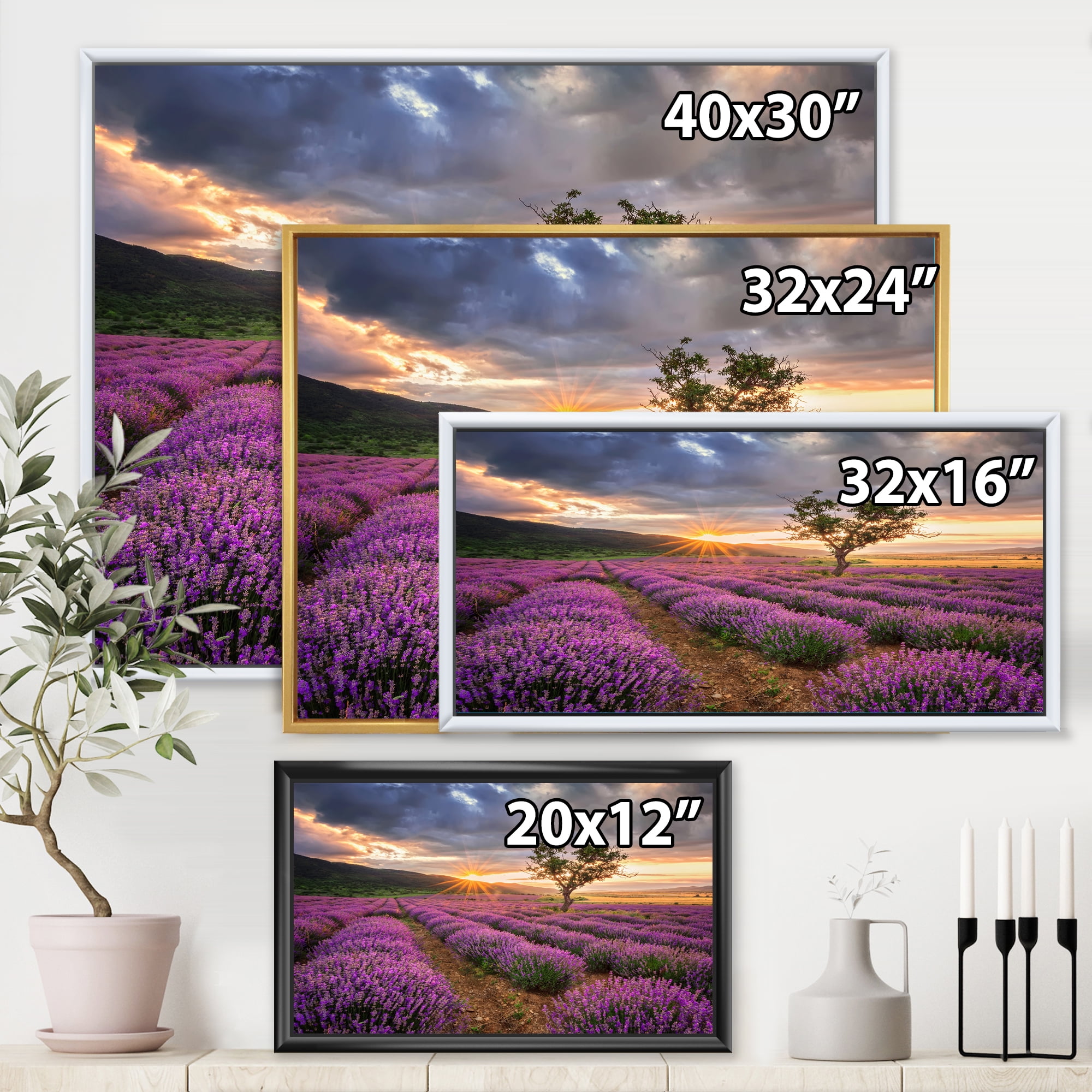 Designart 'Dramatic Clouds and Sunrise Over Lavender Field VIII' Farmhouse Framed Canvas Wall Art Print