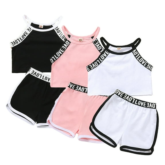 WOLLED 18M-6Y Toddler Baby Summer Letter Shorts Set for Girls 2PCS Sleeveless Halter Cami Crop Tops Elastic Pants Outfits