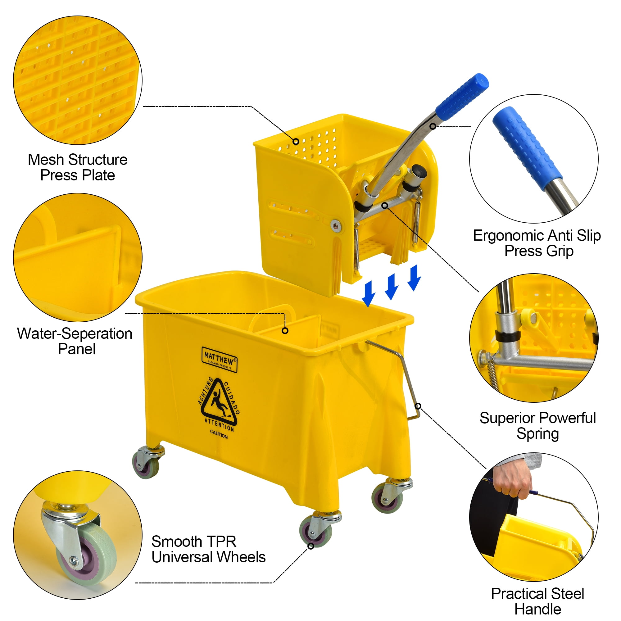 MATTHEW CLEANING Mop Bucket String Mop with Side Press Wringer On Wheels,Heavy Duty Tandem Portable Floor Cleaning Wavebrake,Ideal for Household,Industrial,Restaurant,22 Quart