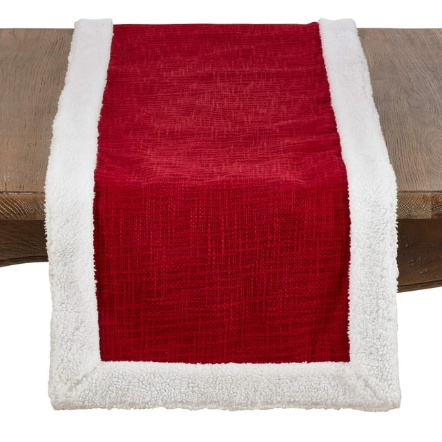 SARO LIFESTYLE Saint Nicholas Collection Christmas Table Runner with White Sherpa Bordering, 16" x 90", Red