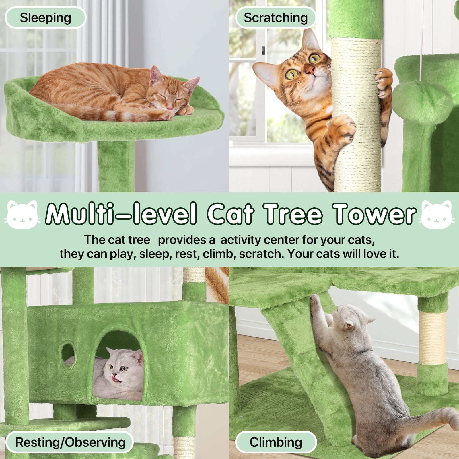70" Cat Tree Cat Condo Cat Trees and Towers Multi-Level Activity Center Cat Playhouse with Sisal Scratching Posts & Perch for Kittens, Easy to Assemble, Green