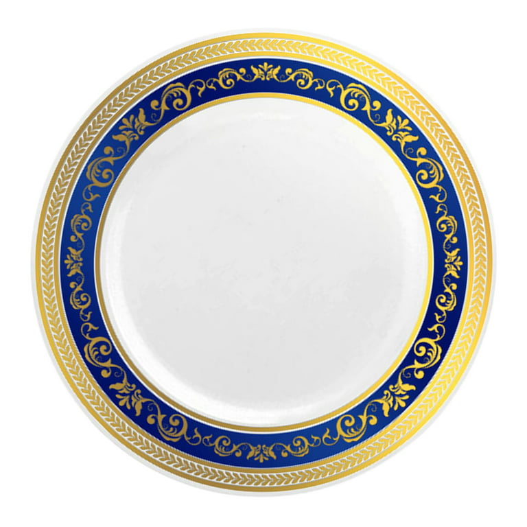 White with Blue and Gold Royal Rim Disposable Plastic Dinner Plates (10.25)