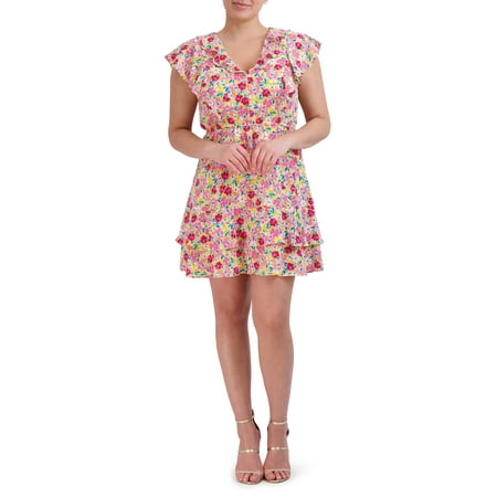 BCBG Paris Women's Layered Chiffon Floral Print Ruffle V-Neck Mini Summer Dress With Flared Short Sleeves, Sizes S-XXL