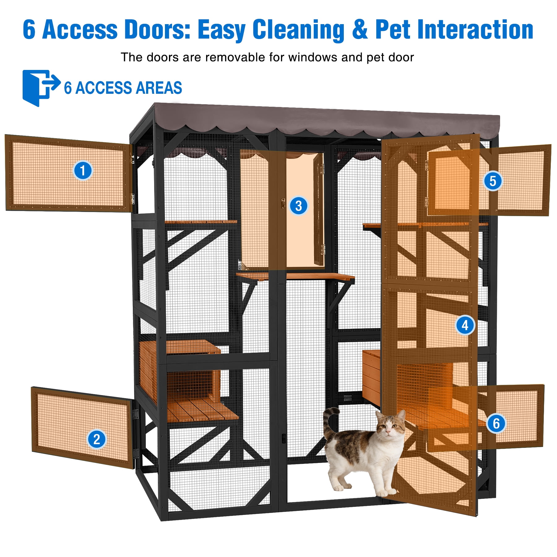 Suumerpety Catio Outdoor Cat Enclosure 70" Large Wooden Cat House with Weatherproof Roof & 7 Platforms & 2 Condons Window Catio for Indoors and Outdoors Black