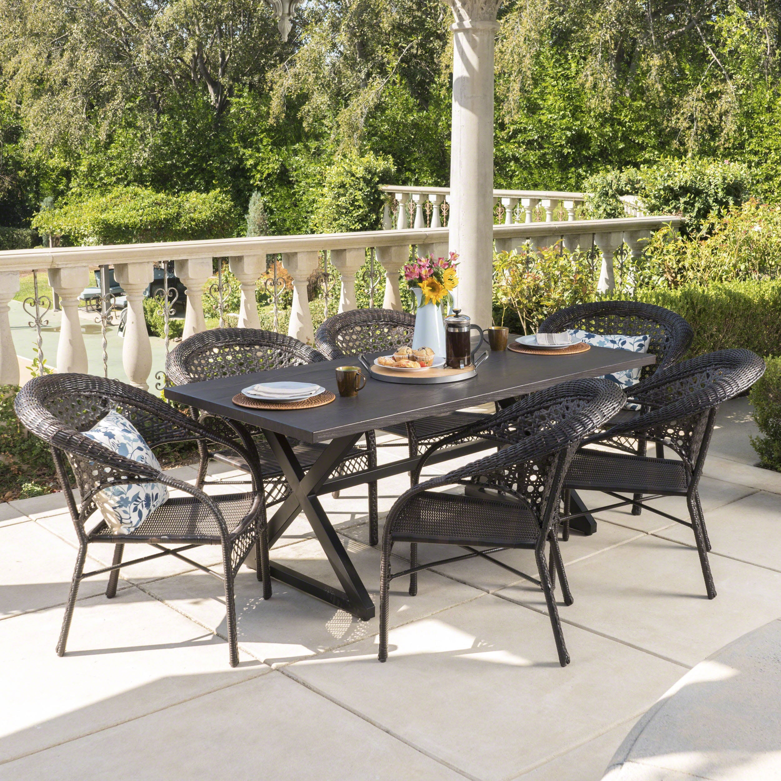 Outdoor 7 Piece Wicker Dining Set with Rectangular Aluminum Table