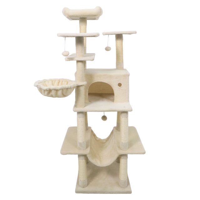 Gymax 63'' Large Cat Tree for Indoor Cats w/Plush Top Perch Condo Hammock Basket Bed Beige