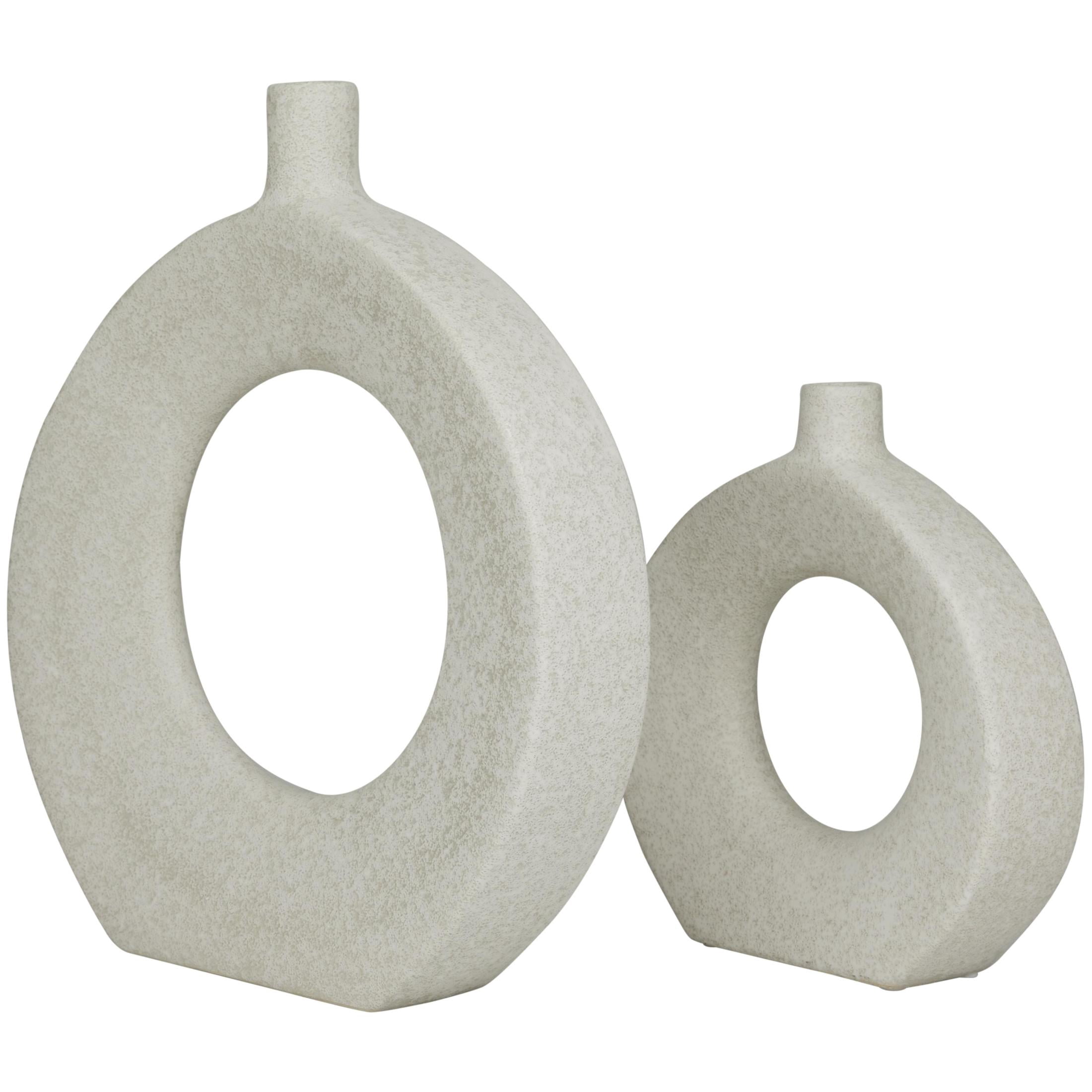 CosmoLiving by Cosmopolitan 16", 10"H Round Donut Shaped White Ceramic Vase, Set of 2