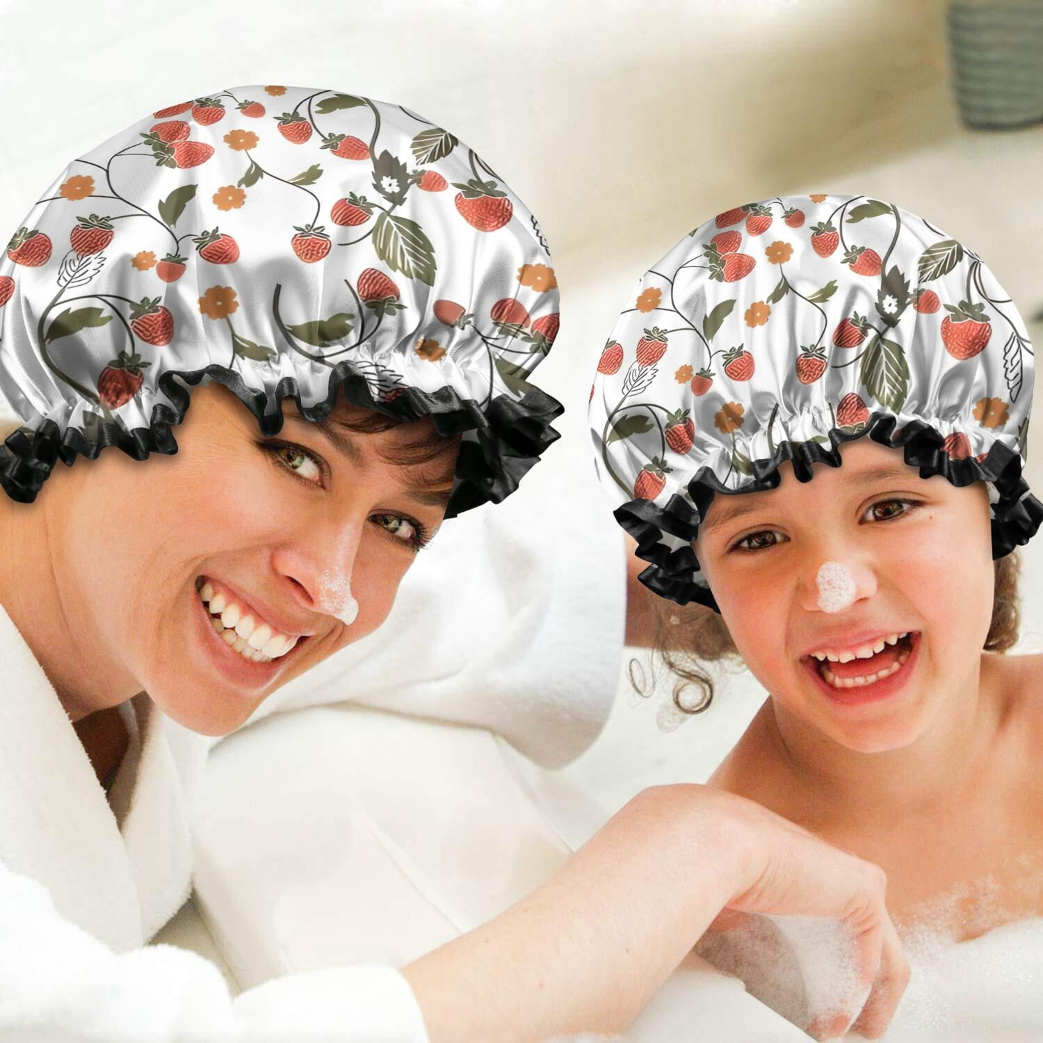 Shower Caps,Strawberry Plants Fruit Flower Leaf Waterproof Shower Cap for Women 4 Pieces,Double Reusable Hair Cover for Shower PEVA Elastic Stretch Hem