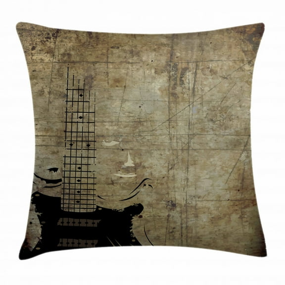 Guitar Throw Pillow Cushion Cover, Faded Instrument Pattern with Vintage Inspired Background with Stained Design, Decorative Square Accent Pillow Case, 16 X 16 Inches, Pale Brown Black, by Ambesonne