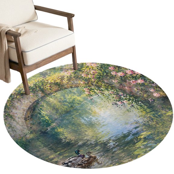 Summer Bridge Washable Round Area Rug 5 ft, Country Pastoral River Duck Pink Rose Green Leaf Soft Non‑Slip Rugs Stain Repellent Indoor Mats for Living‑Room Corner, Breakfast Nook, Sunroom