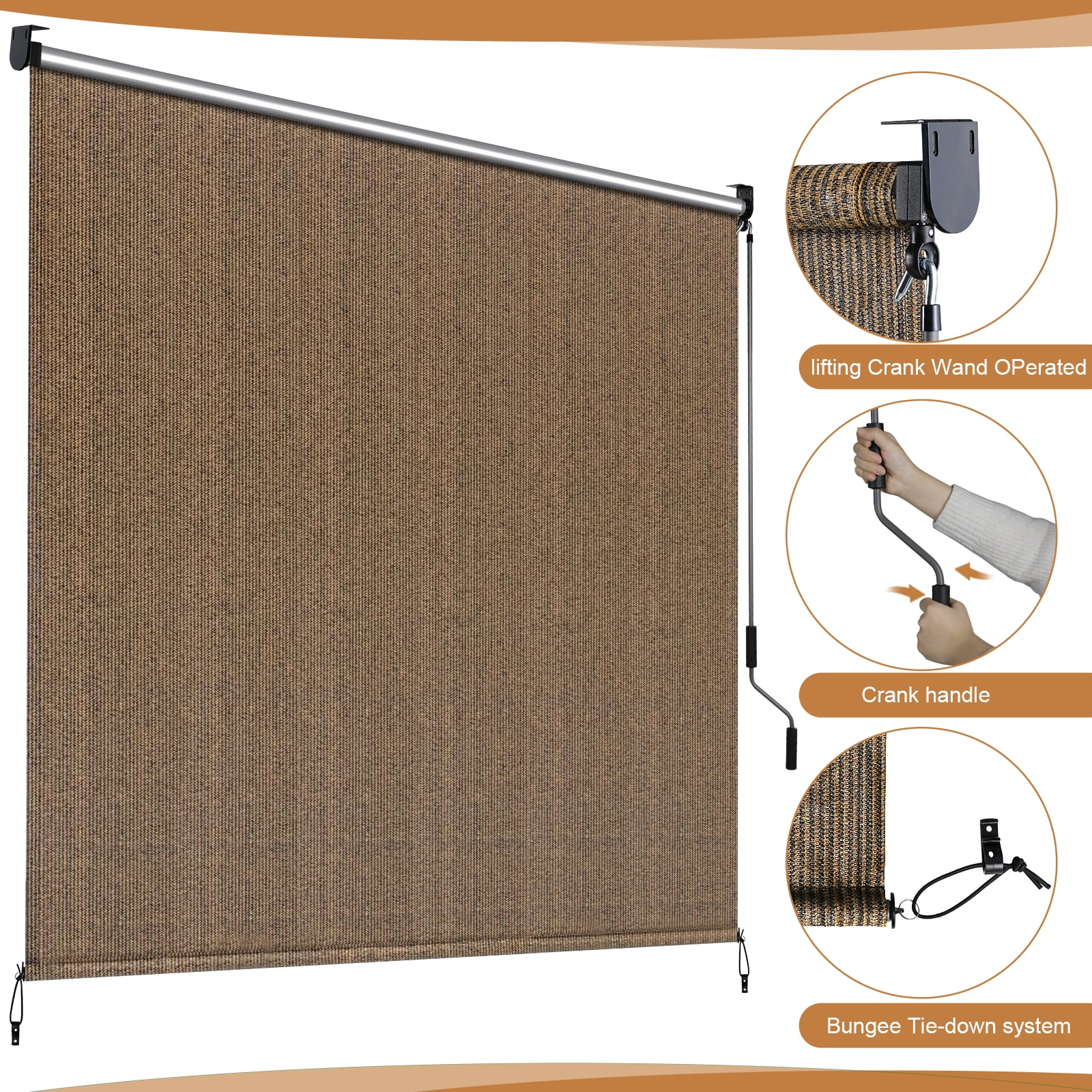 LIFERUN Outdoor Roller Sun Shade 8'W x 6'H, HDPE shade cloth, aluminum tube, cordless wand crank,for pergola/patio/porch/garden (Coffee)