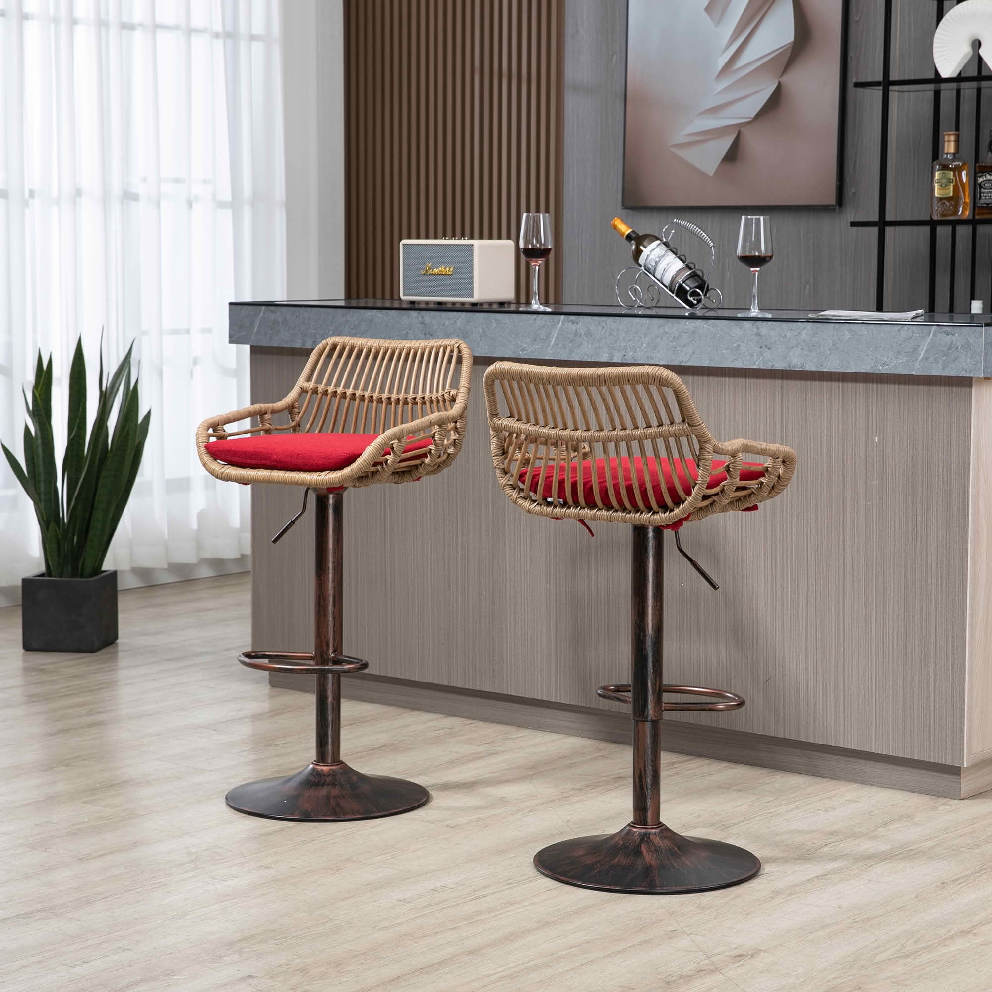 MAYEERTY Swivel Bar Stools Set of 2, Adjustable Height Chairs with Footrest, Linen and PE Rattan Back, Red