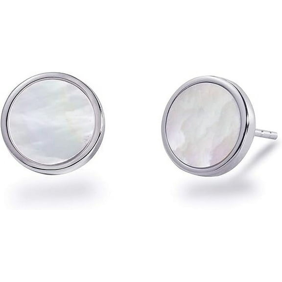 S.Leaf Shell Earrings Mother of Pearl Earrings Silver Stud Earrings for Women Hypoallergenic Earrings Round Disc Stud Earrings for Women（White Gold）