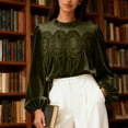 thumbnail image 2 of Womens Dressy Lace Tops Velvet Embroidered Pleated Blouses Crop Babydoll Shirt Long Sleeve Fall Clothes (M, Army Green), 2 of 6
