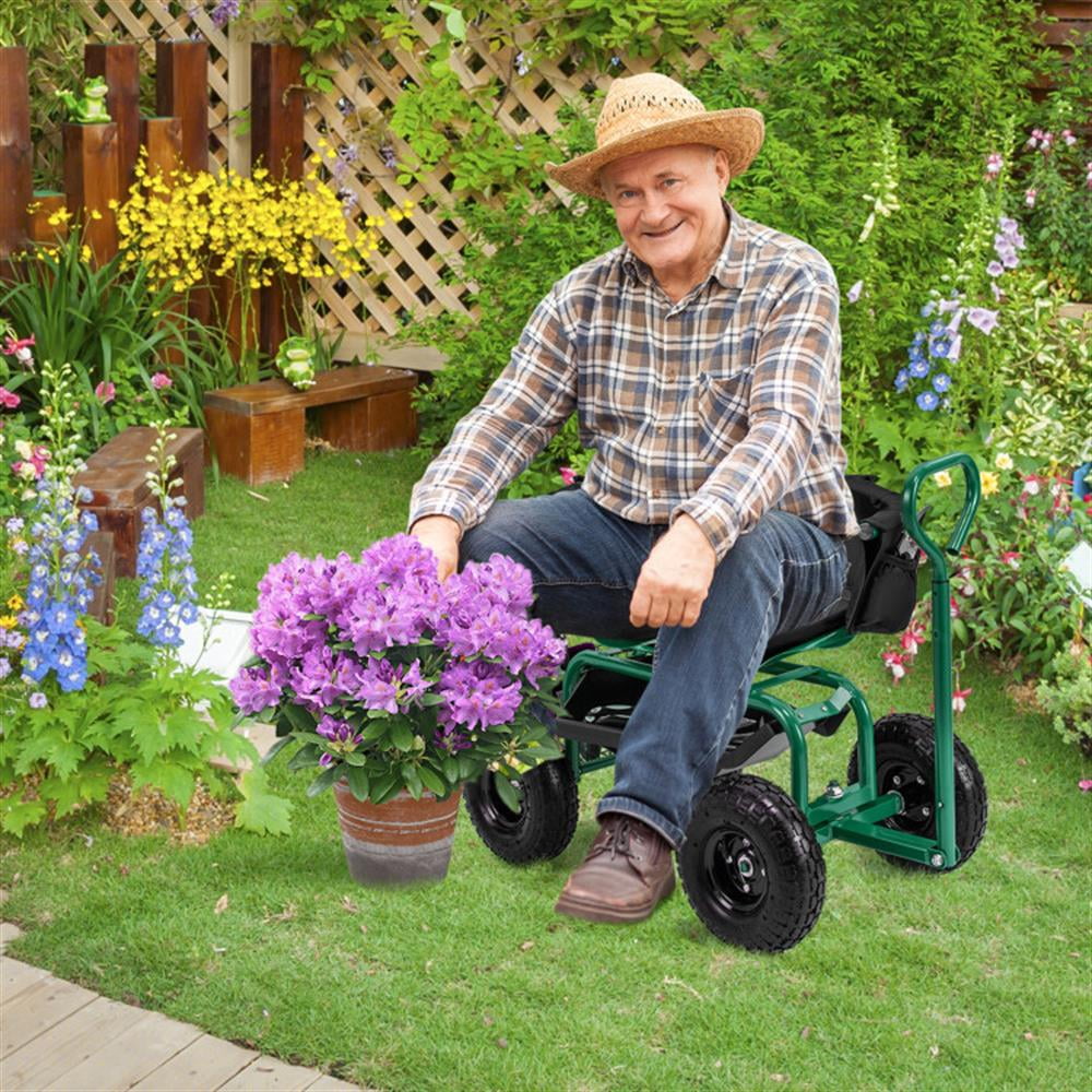 Resenkos Garden Utility Wagon Cart, Farm Wagon Cart,Cushioned Rolling Garden Cart Scooter with Storage Basket and Tool Pouch-Green