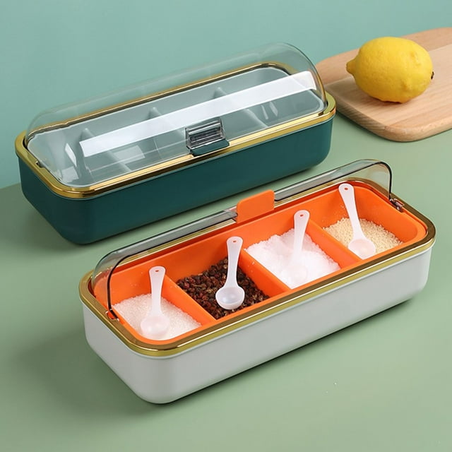 1 Coffret Assaisonnement Grande Capacité Visible Résistant à l'Humidité à l'Épreuve de la Poussière avec Cuillère à Mesurer 4 Grilles Sucre Sel Récipient Épices Bouteille Accessoires de Cuisine