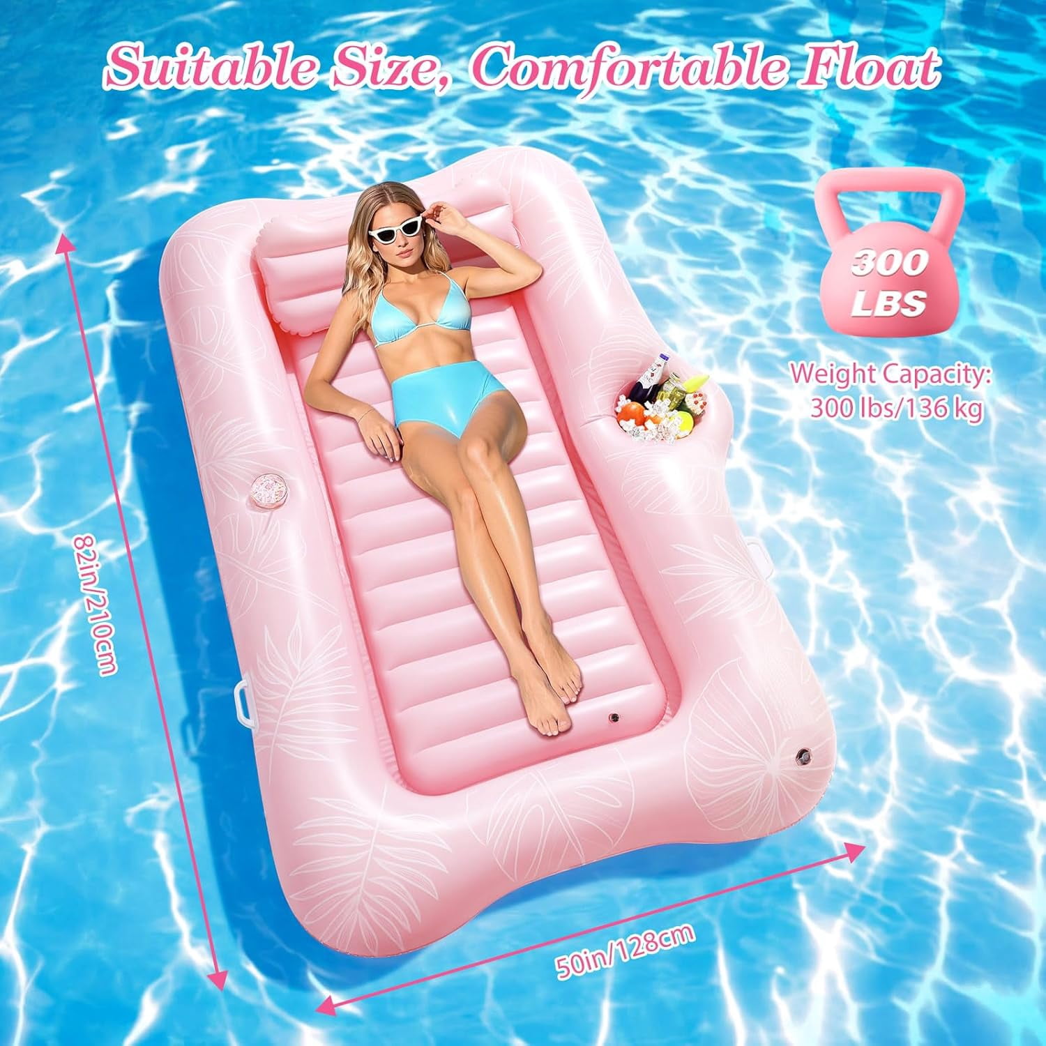 Pool Floats Adult, Large Floating Bed with Ice Bar, Tanning Bed Pool Raft Inflatable Lounger with Drink Holder Tanning Chair Inflatable Pool Toys for Party Beach Backyard