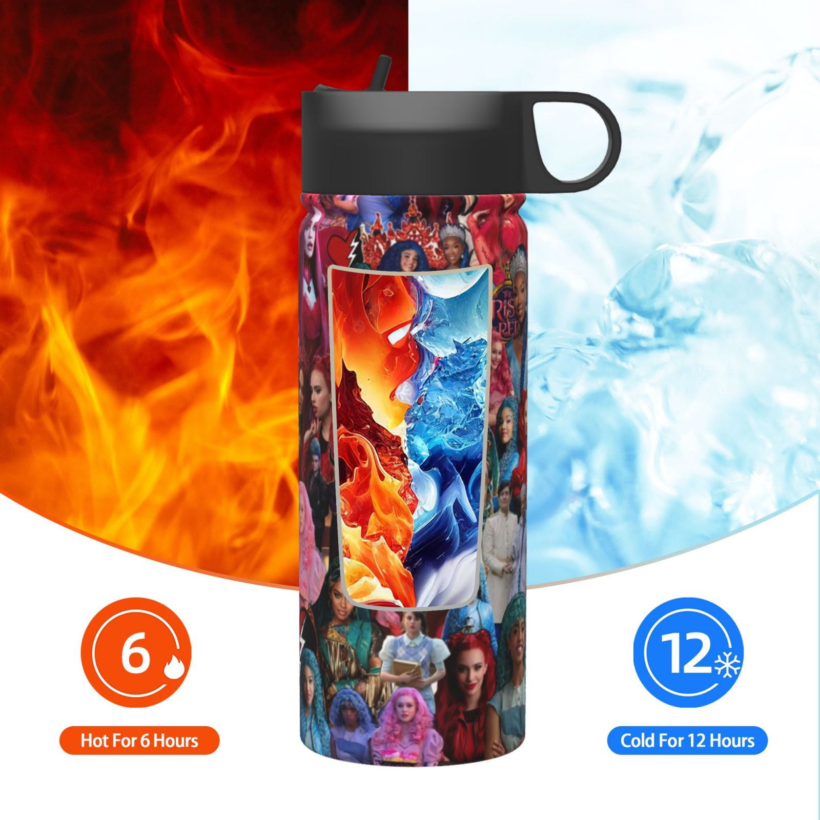 Descendants Kids Water Bottle with Flip Straw Lid 18OZ Vacuum Insulated Stainless Steel Thermos Leakproof School Travel Sports Cup for Boys Girls Gift
