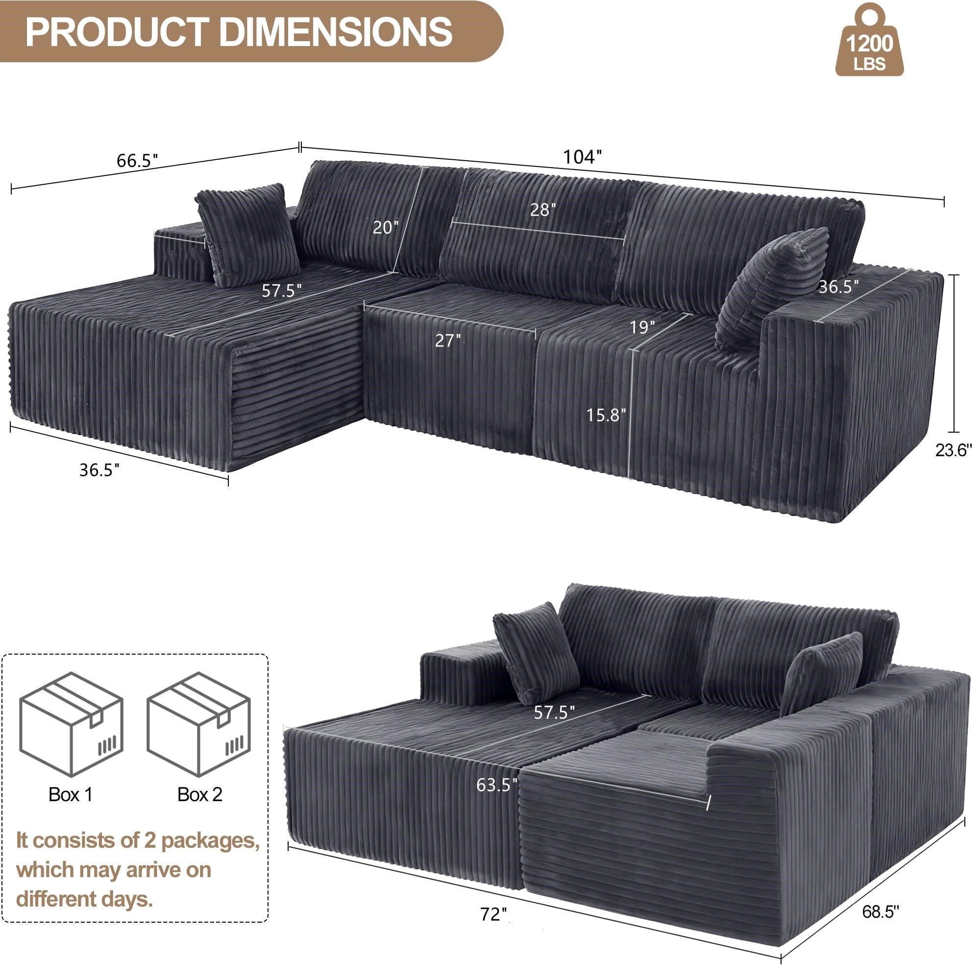 Aukfa 104" Cloud Sectional Sofa Modular Boneless Couch for Living Room, 5 Pillows, Corduroy, Gray