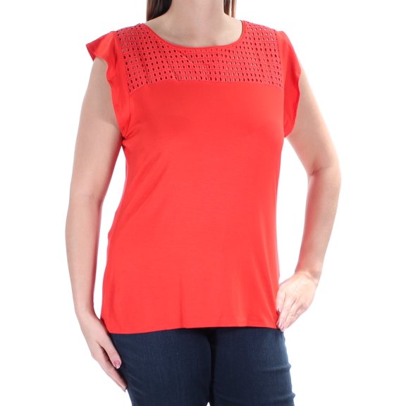 MAISON JULES Womens Red Eyelet Cap Sleeve Jewel Neck Top  Size: L