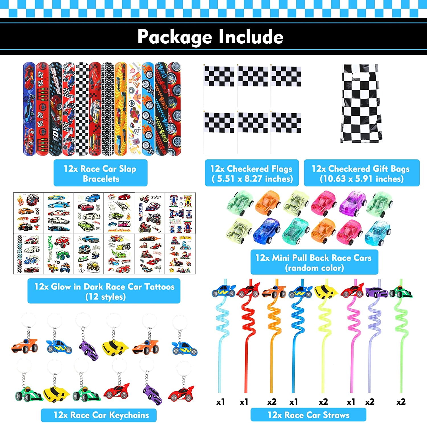 12 Pack Race Car Party Favors for Kids Boys Checkered Gift Bags Flags Keychains Straws Slap Bracelets Mini Race Cars Tattoo Race Car Themed Birthday Party Supplies Baby Shower Goodie Bag Pinata Filler