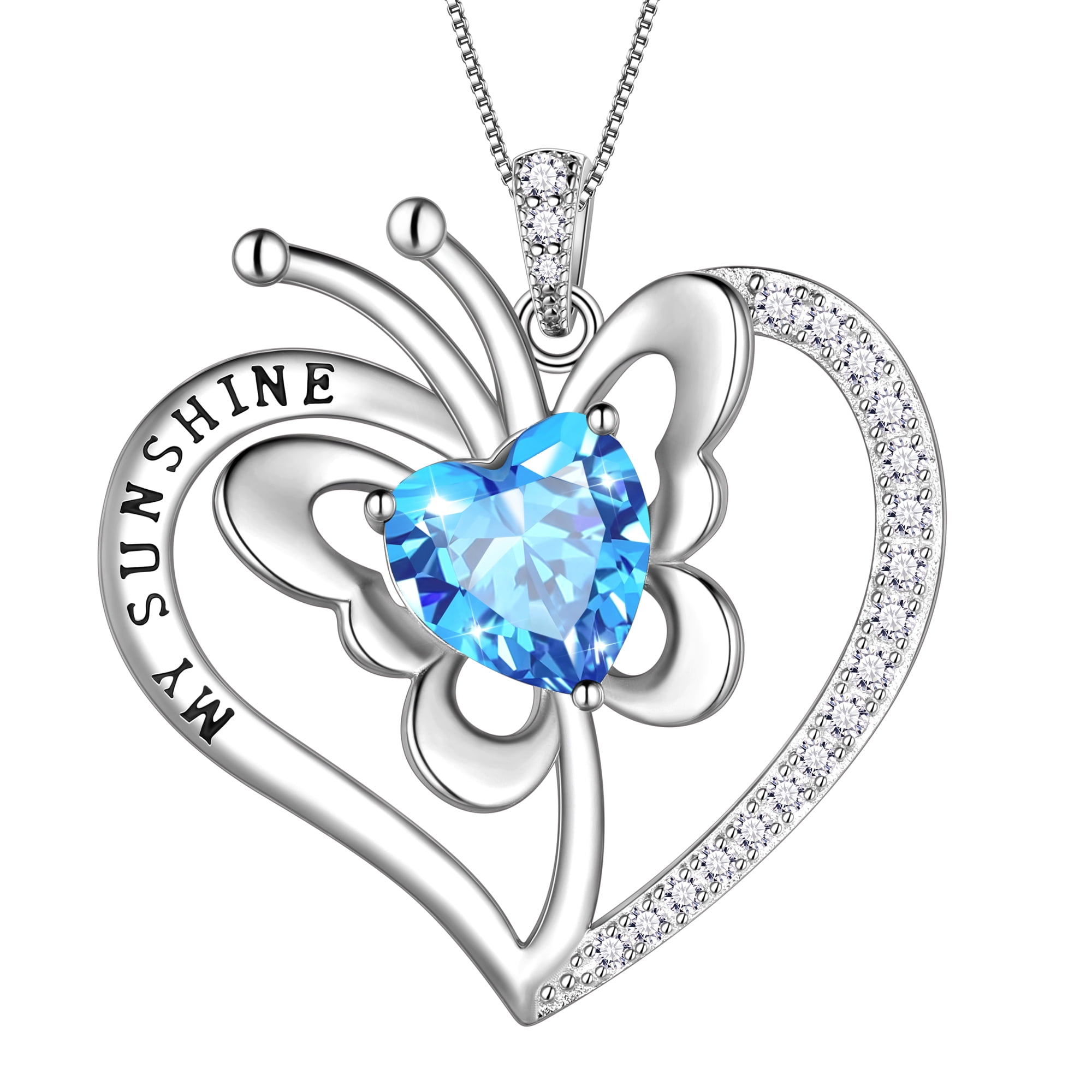 Fasjewly My Sunshine Butterfly Necklace, S925 Sterling Silver Heart Aquamarine Birthstone March Birthday Anniversary Christmas Jewelry Gifts for Women / Wife / Lovers