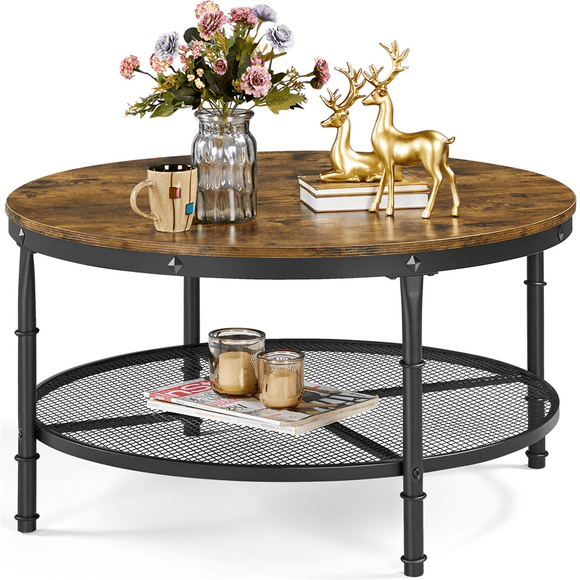 Yaheetech Rustic Round Coffee Table with Iron Mesh Storage Shelf and Vintage Design, Rustic Brown