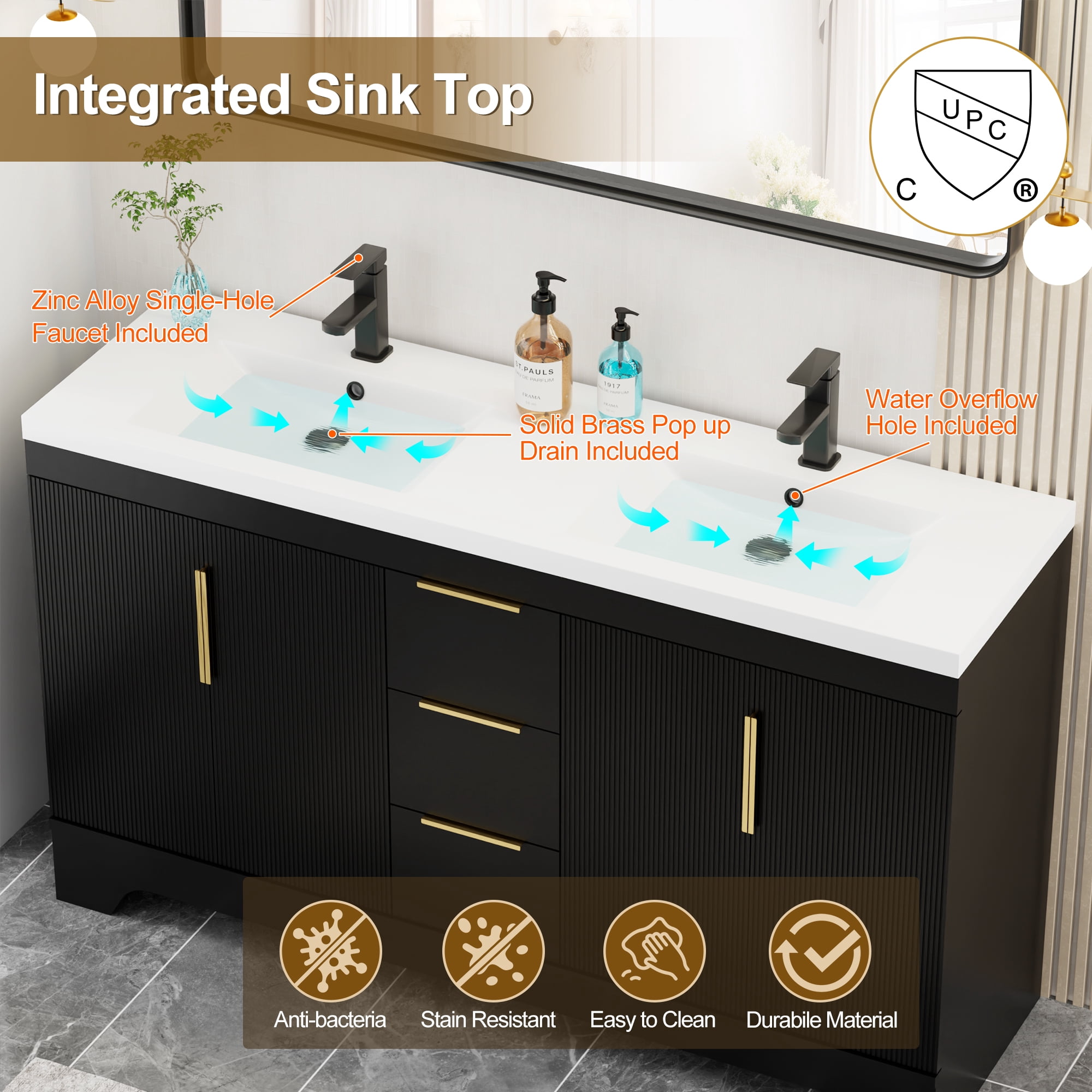 Eclife 60-inch Double Sink Bathroom Vanity with Integrated Tops, Soft-Close Hinges, Fluted Door Design, Mid-Century Modern