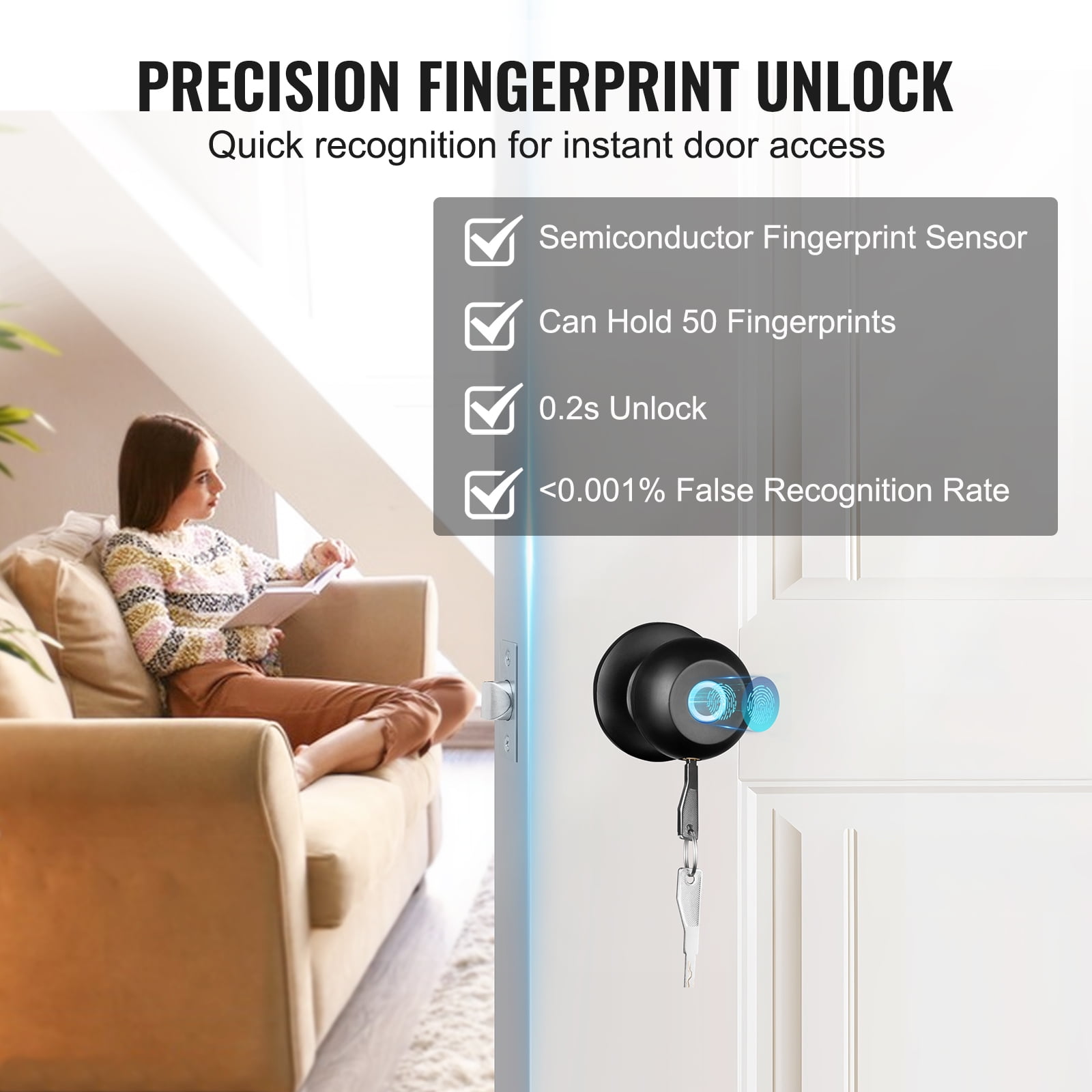 KFFKFF Smart Door knob, Fingerprint Smart Lock Biometric Door knob with App Control, Great for Bedrooms,Cloakroom,Apartments Offices,Hotels Matte Black