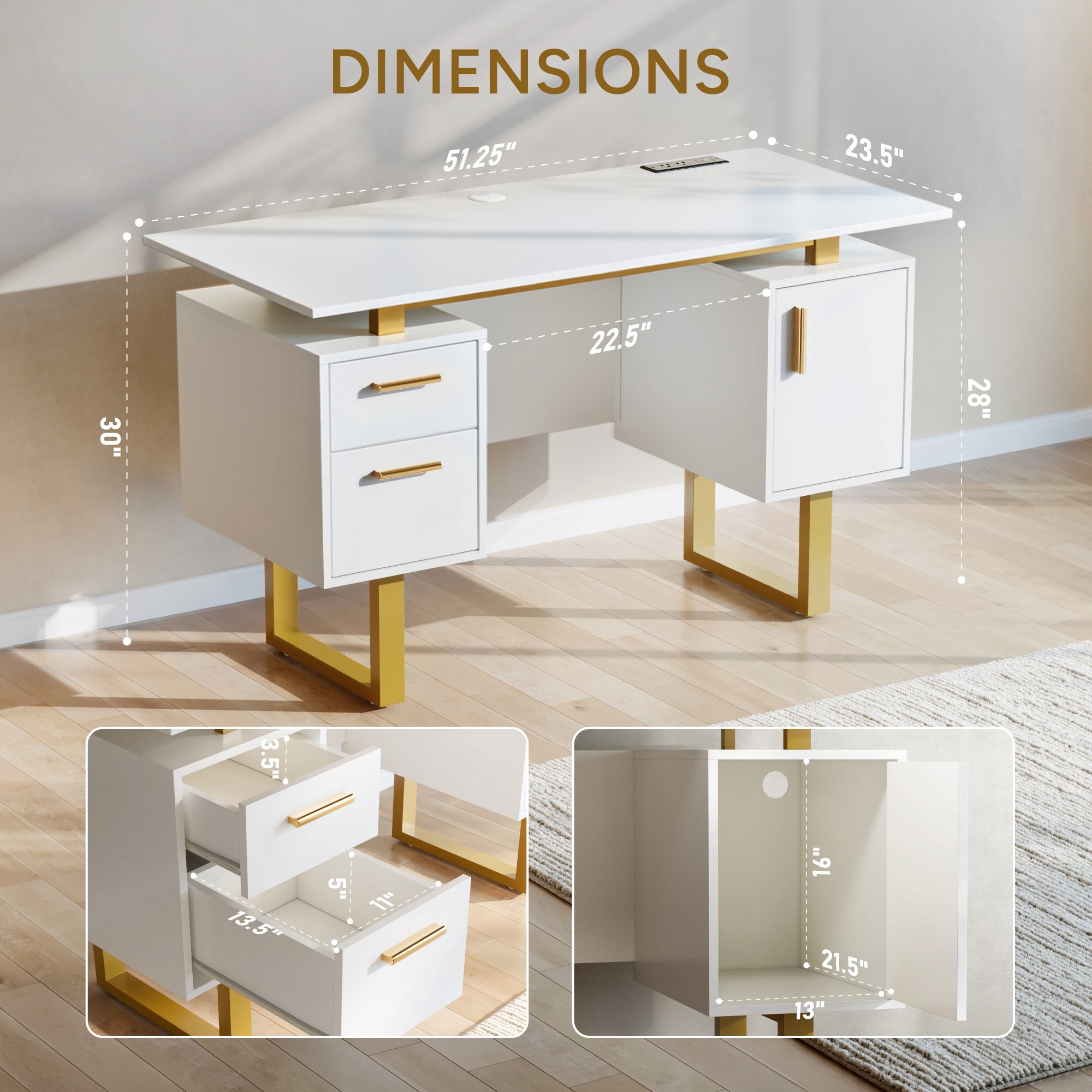 Furnibear Computer Desk with 2 Drawers and Storage Cabinet, Modern Home Office Desk with Built-in Outlets, USB Ports, White