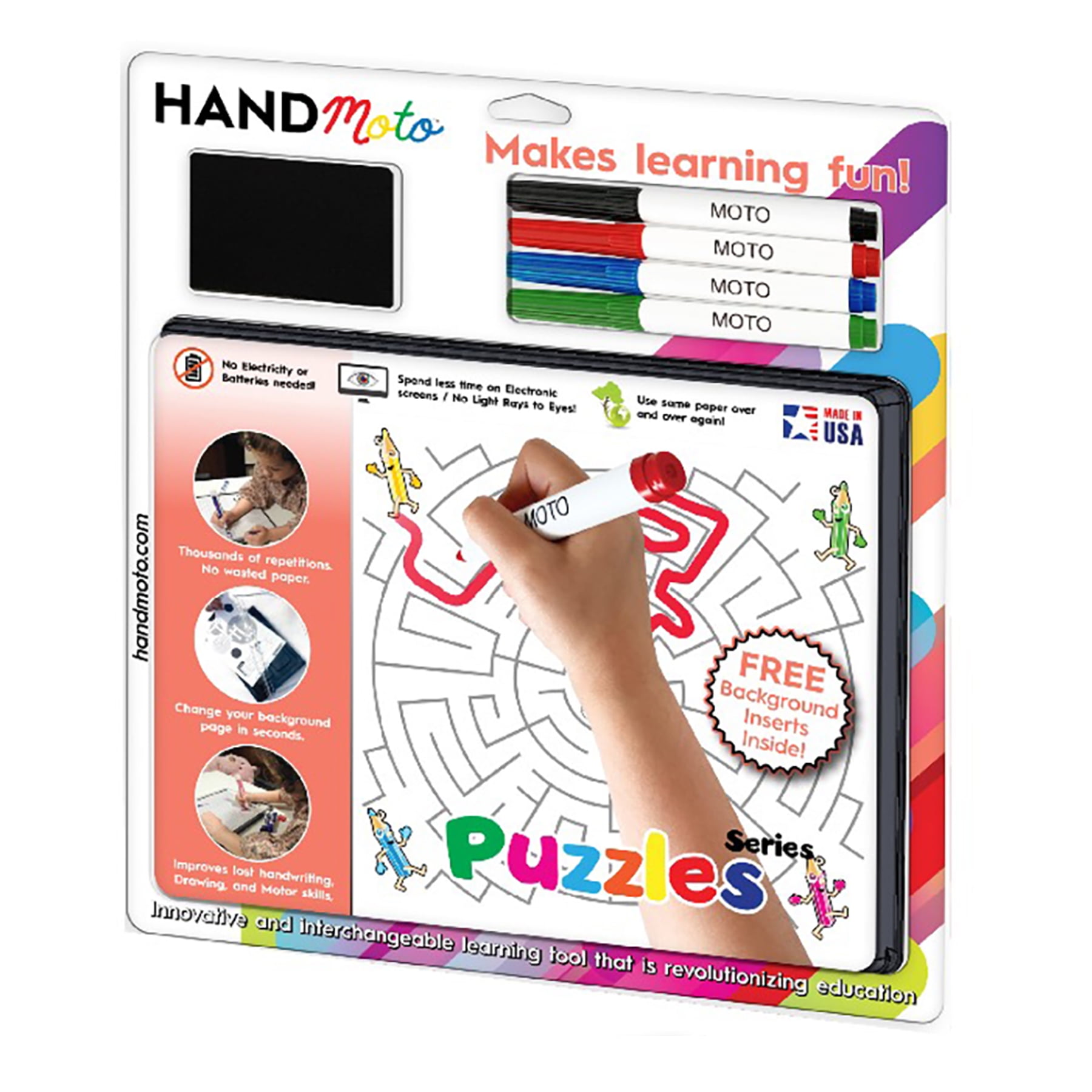 HandMoto Dry-Erase Learning Board, 4 Markers, 10 Activity Sheets - Puzzles Series