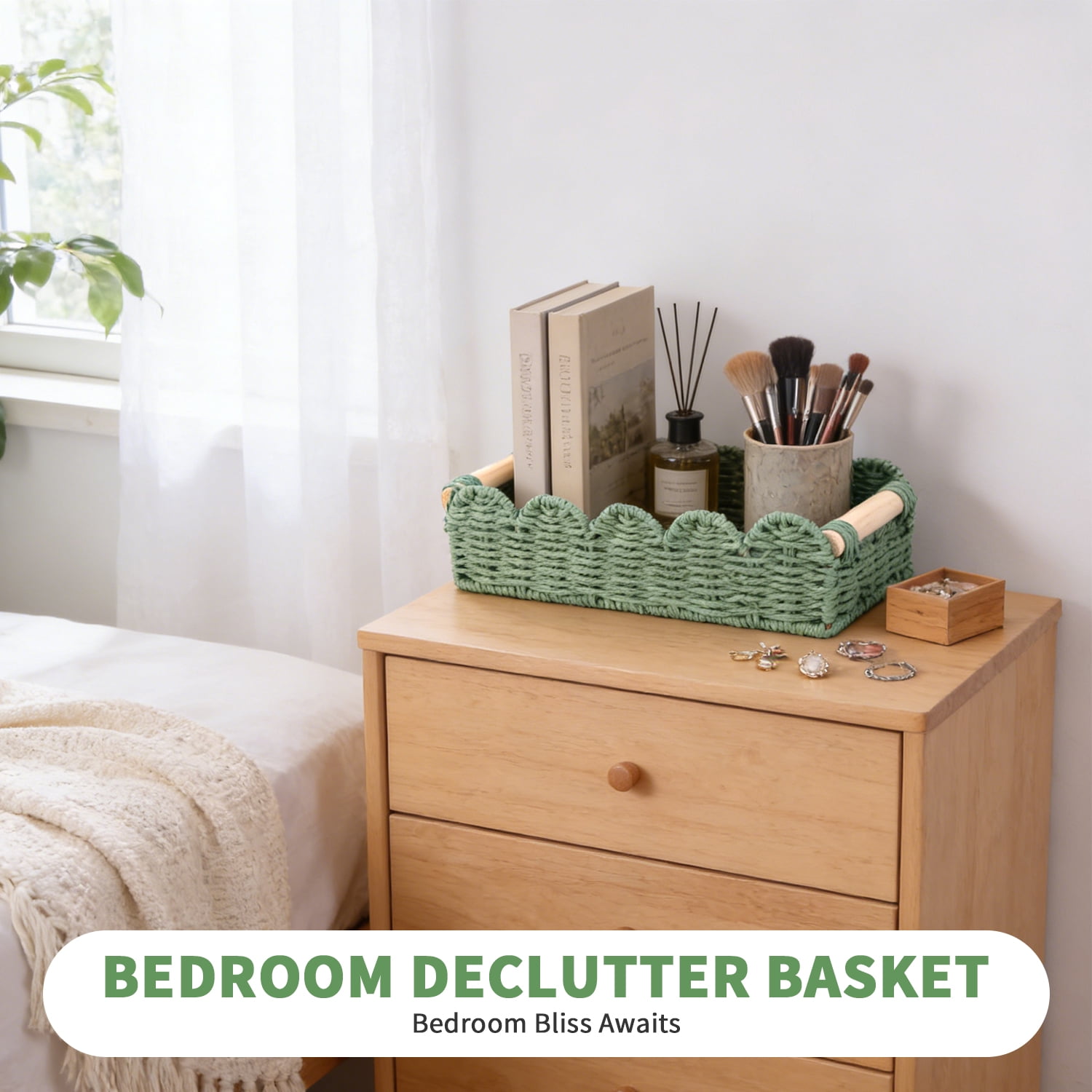 HUISZJ 2-Pack Scalloped Edge Decorative Basket,Green Hand Woven Scalloped Tray with Handles, Rectangular Rattan Storage Container for Bathroom Home Decor
