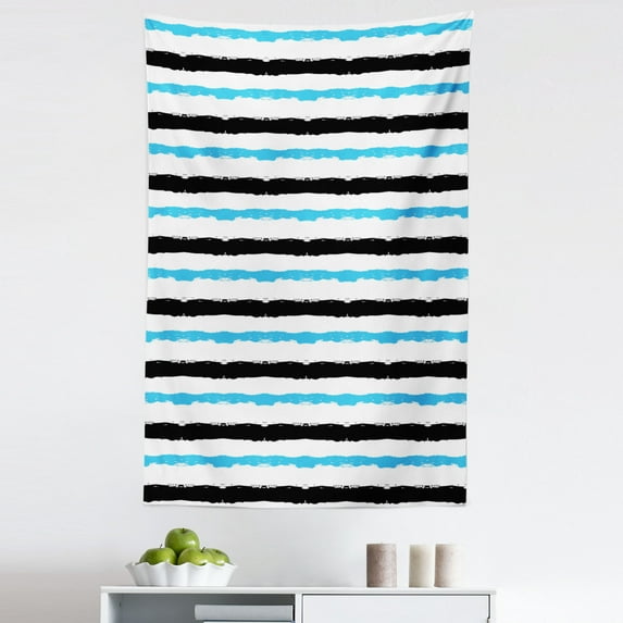 Abstract Tapestry, Paintbrush Large Color Bands Simplistic Horizontal Lines Stripes, Fabric Wall Hanging Decor for Bedroom Living Room Dorm, 5 Sizes, Aqua Black White, by Ambesonne