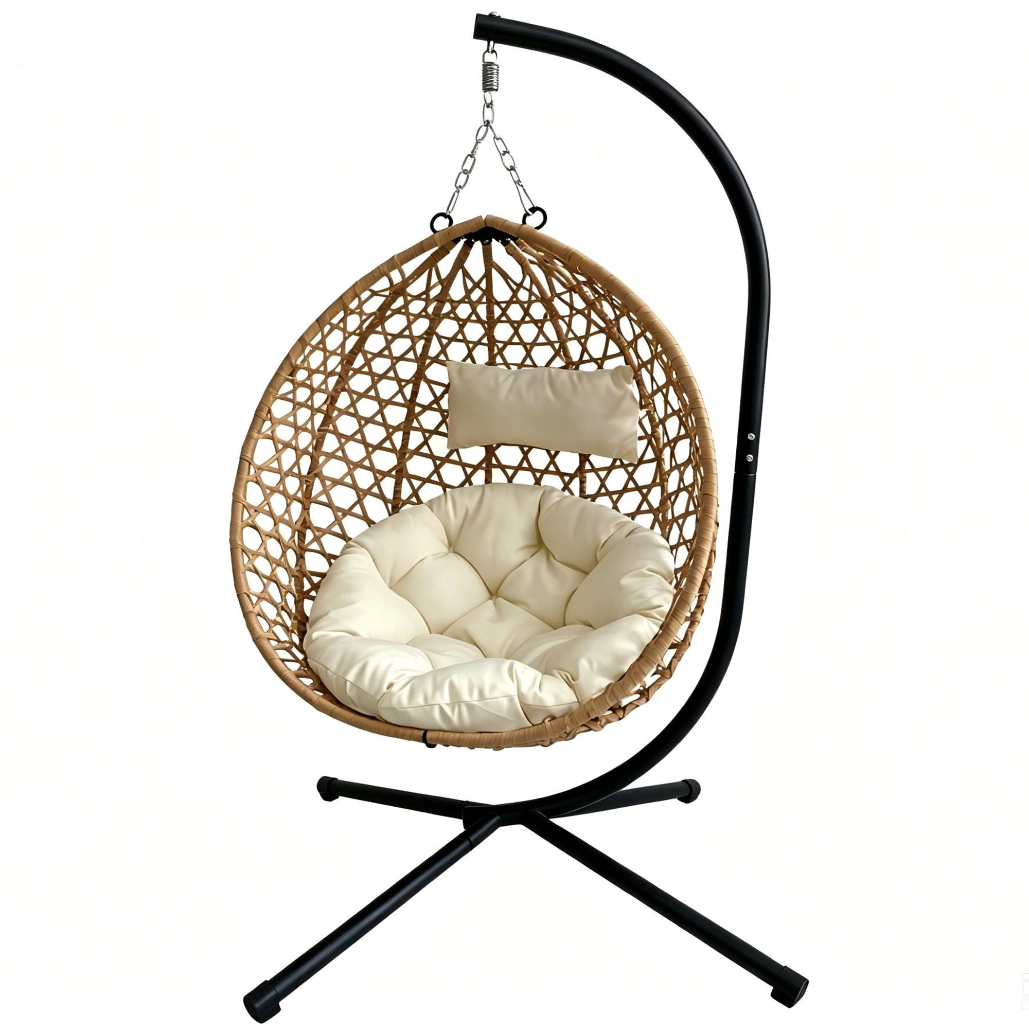 Foldable Hanging Egg Chair with Stand, HDPE Rattan Wicker Swing Chair with Washable Cushion, 350 LBS Anti-Rust Steel Frame for Indoor Bedroom Balcony Outdoor Patio Garden