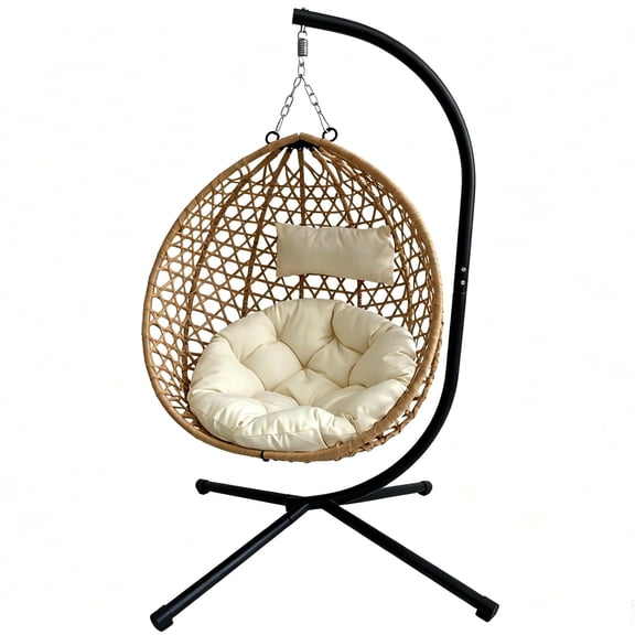 Indoor Outdoor Rattan Folding Egg Hanging Chair, Weatherproof Swing Hammock With Stand Cushion Headrest for Garden Balcony Bedroom