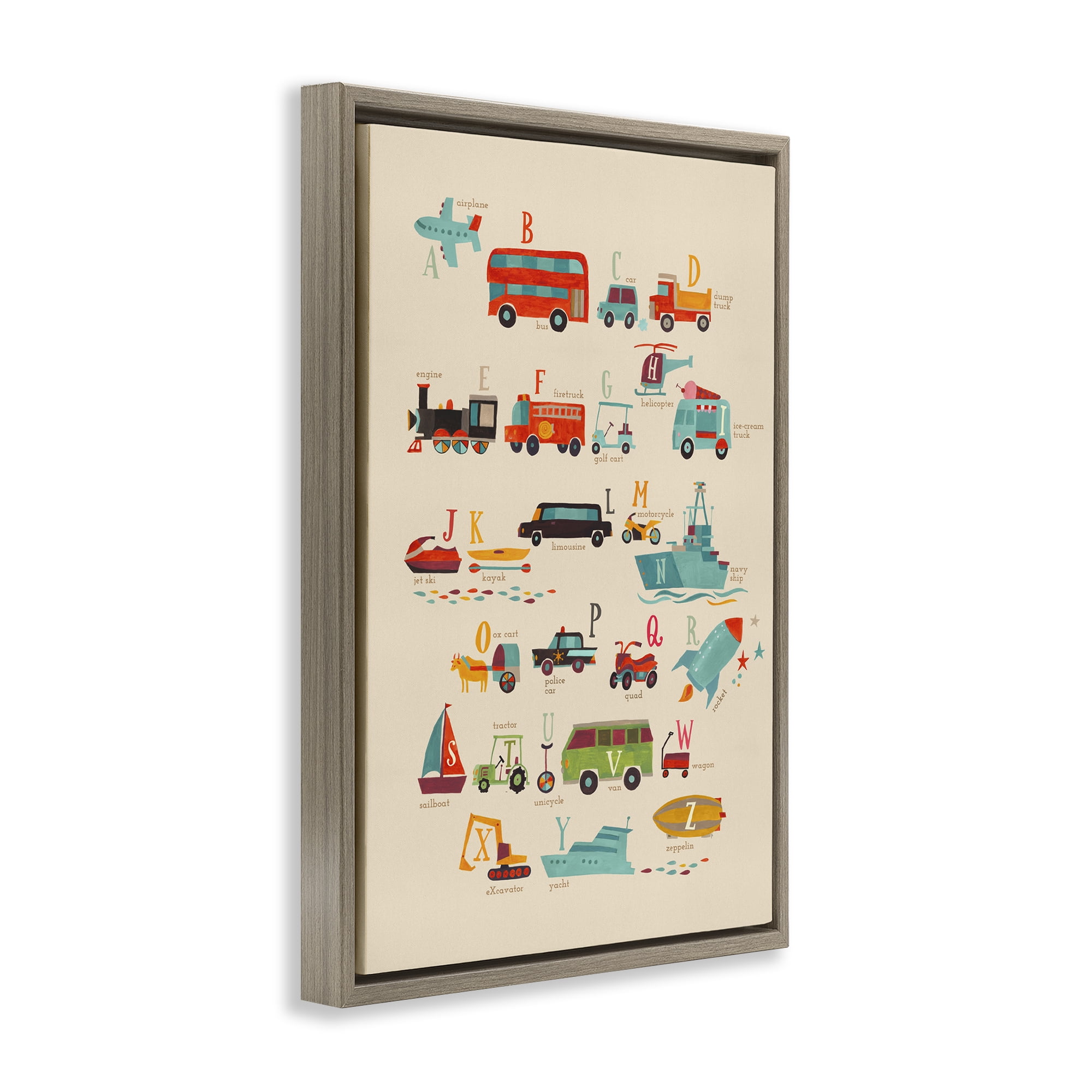 Stupell Industries Varied Transportation Alphabet Education Painting Brown Floater Framed Canvas Art Print Wall Art, 21 x 31