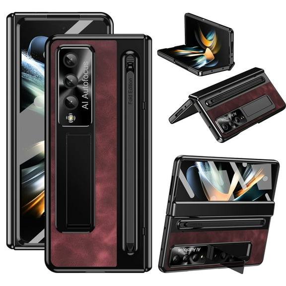 Allytechgroup Flip Leather Phone Case for Galaxy Z Fold 4, Kickstand Slim Fit Camera Lens Protector Shockproof Retro PU Leather Bumper Anti-Scratch Case for Samsung Galaxy Z Fold 4, Rose
