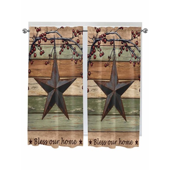 Texas Star Vintage Bathroom Window Curtain, Berry Sage Green Brown Wooden Light Filtering Coffee Kitchen Curtains, Bedroom Living Room Curtains 2 Panel 84"x63"