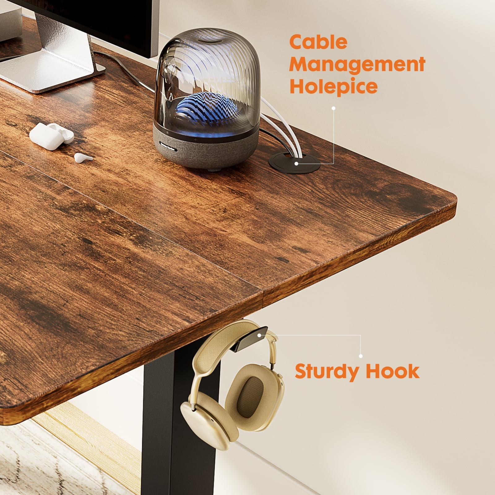 EDX Electric Adjustable Standing Desk - 40"x24" Sit-to-Stand Office Desk with 2 Hooks & Wire Hole