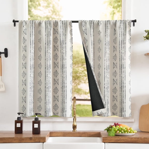 Blackout Boho Kitchen Curtains Cafe Tier Curtains Bohemian Drapes for Bedroom RV Basement Half Window Room Darkening Thermal Insulated Panels Black on Beige