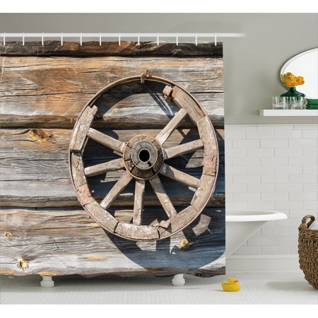 - Barn Wood Wagon Wheel Shower Curtain, Old Log Wall with Cartwheel Telega Rural Countryside Themed Image, Fabric Bathroom Set with Hooks, Umber Beige, by Ambesonne