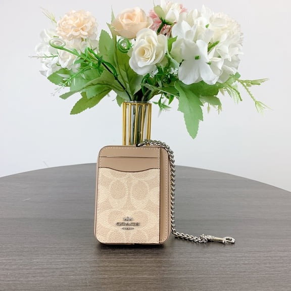 Title:  Coach Zip Card Case in Signature Coated Canvas with Chain Wrist Strap and ID Window, Sand/Taupe