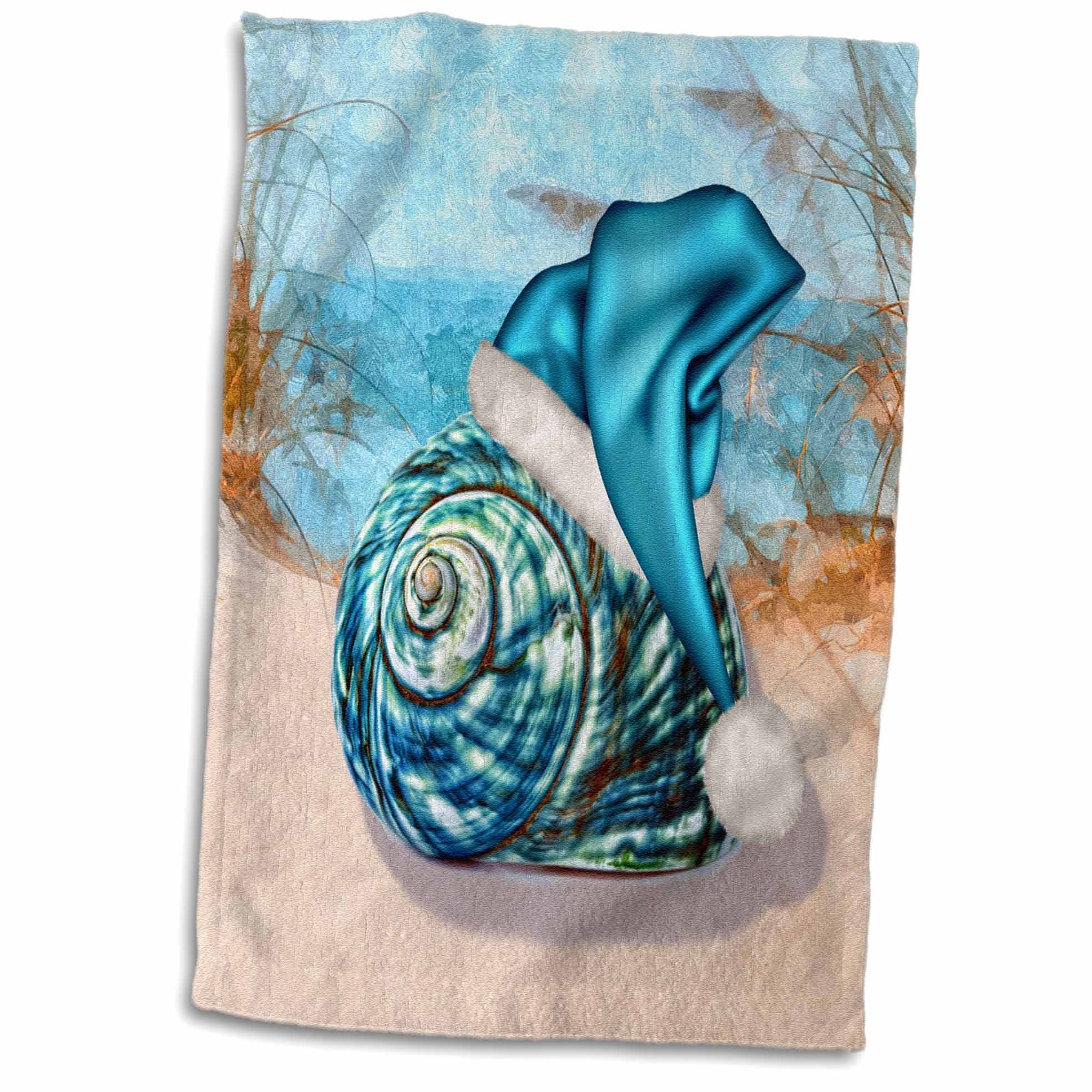 3dRose Coastal Beach Christmas Seashell Blue Santa Hat Towel, 15 by