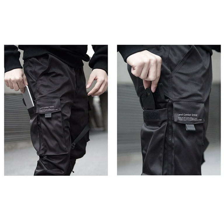 Men Cargo Pants Black Ribbons Block Multi-Pocket Harem Joggers Sweatpant  Hip Hop Casual Male Trousers 