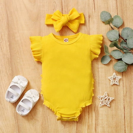 

Leutsin Toddler Girls Kids Jumpsuit One Piece Newborn Infant Baby Girls Fly Sleeve Ruffles Romper Bodysuit+Headbands