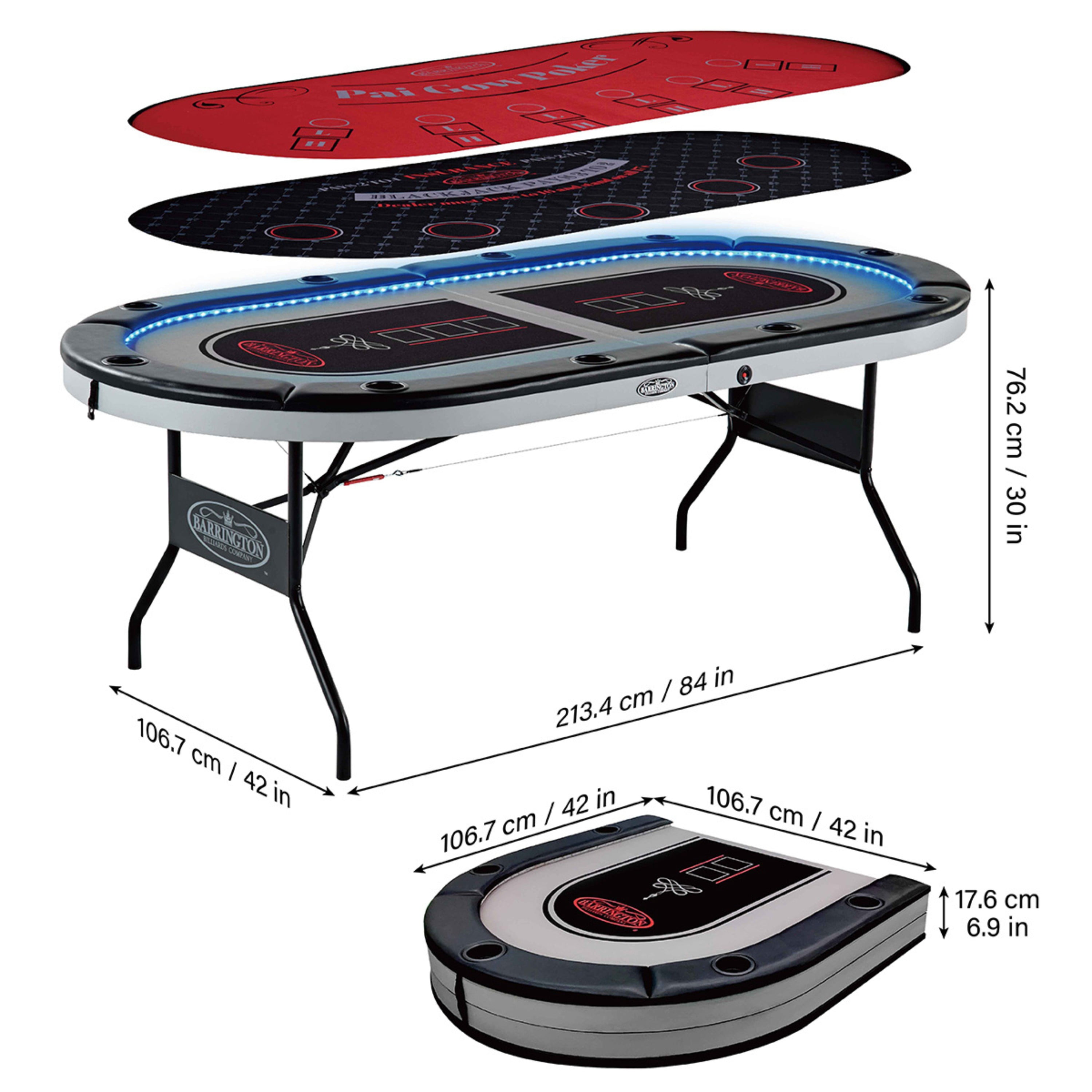 10-Player Folding Poker Table 3-in-1, LED Lights, Padded Rails, Cup Holders, and Foldable Design for Easy Storage by Barrington Billiards