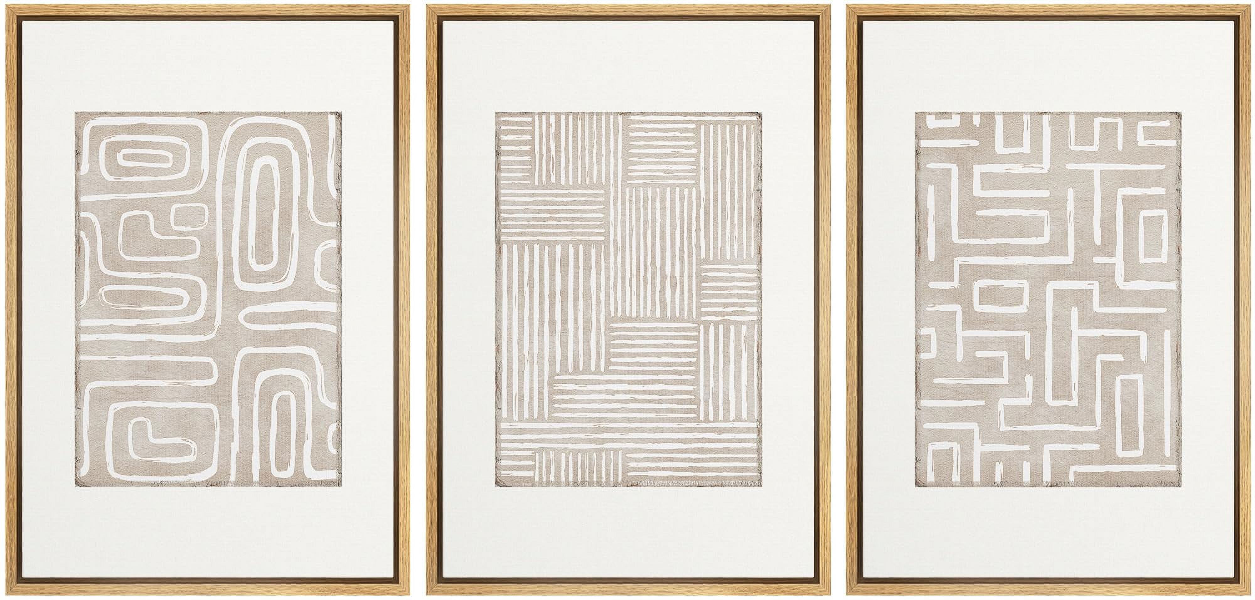 IDEA4WALL Framed Canvas Print Wall Art Set of 3 Minimalist Linear Design Digital Art Wall Decor Neutral Tones Geometric Illustrations Prints Vintage Minimal Artwork - Natural 24"x36"x3
