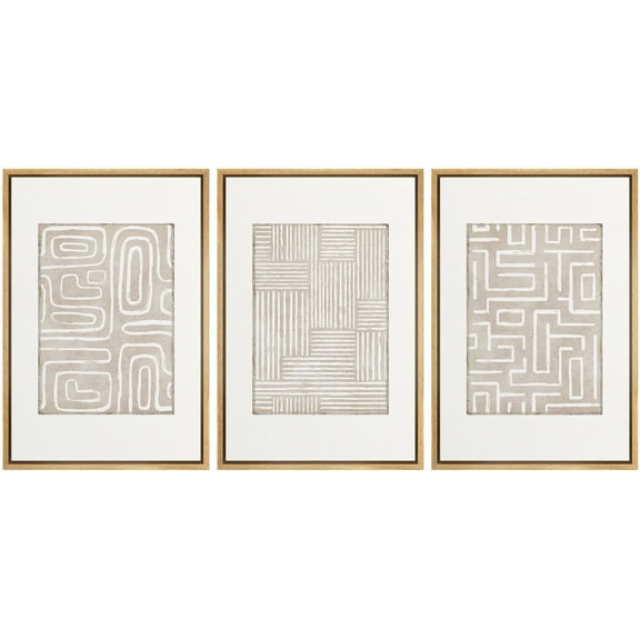 IDEA4WALL Framed Canvas Print Wall Art Set of 3 Minimalist Linear Design Digital Art Wall Decor Neutral Tones Geometric Illustrations Prints Vintage Minimal Artwork - Natural 24"x36"x3