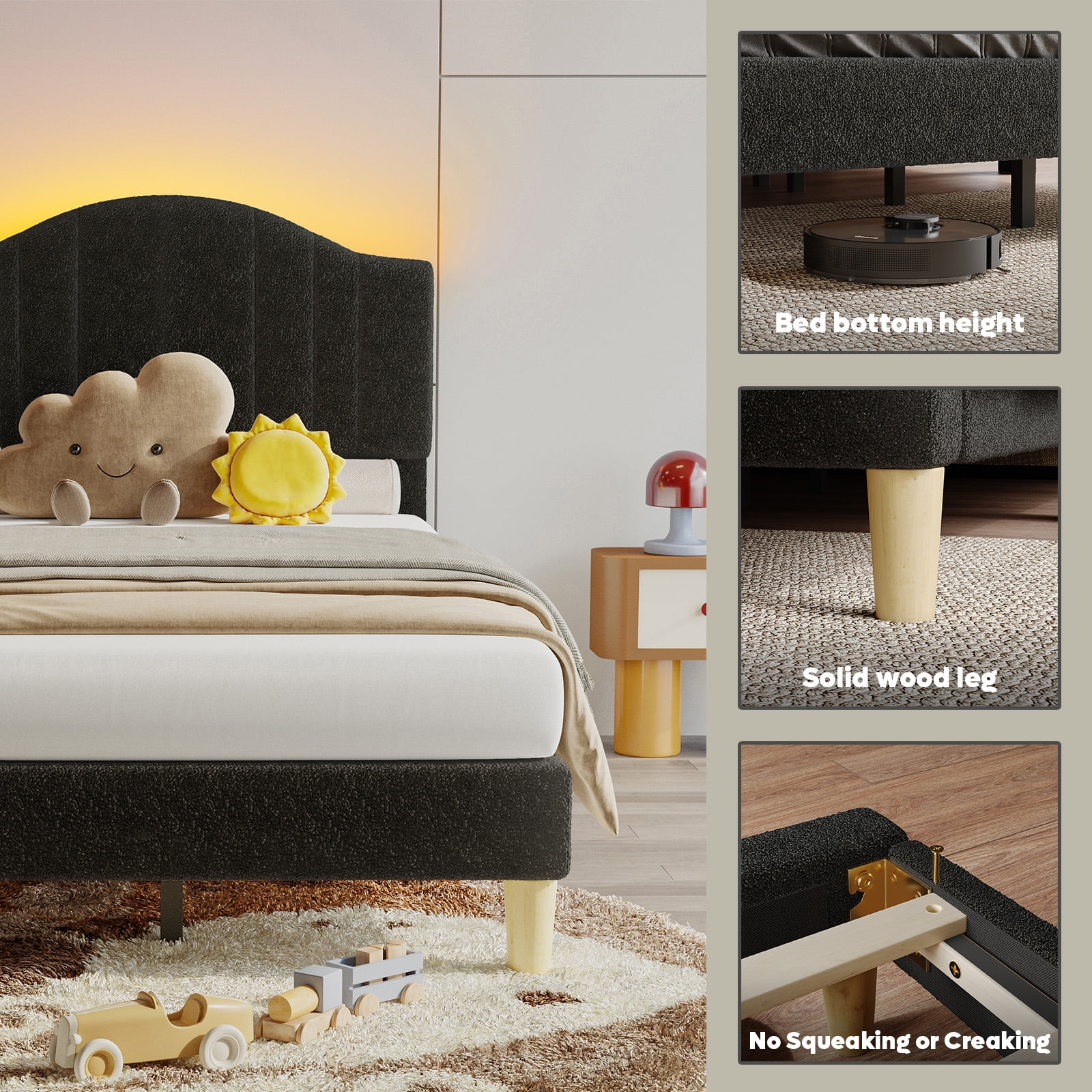 Pinmoco Twin Upholstered Bed Frame with Adjustable Arc-shaped Headboard, LED Platform Bed, Teddy Velvet Black