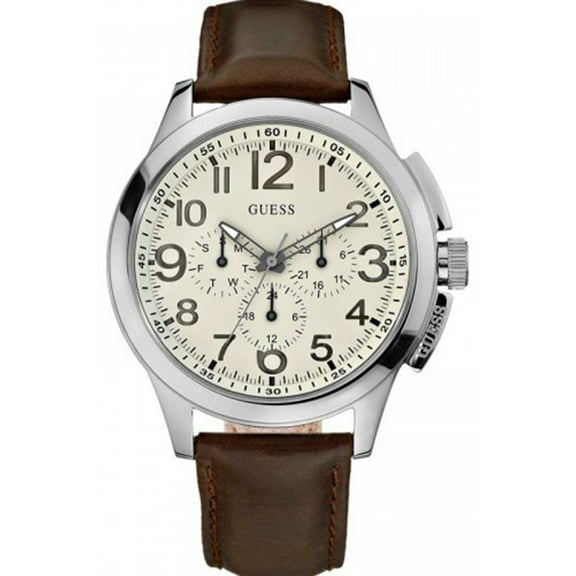 Guess Men's W10562G1, Casual,Silver-Tone,Leather Strap,easy read dial,Multi-Function,WR